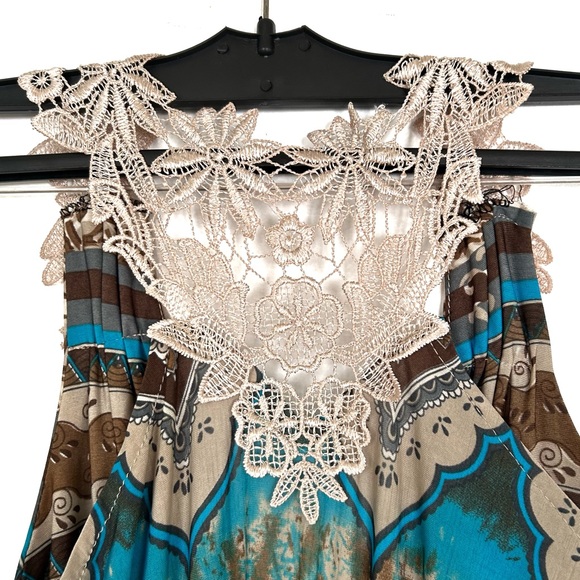 Boho Style Beige Brown Turquoise Blue Maxi Dress Lace Long Flowy Beach Vacation - Picture 8 of 16